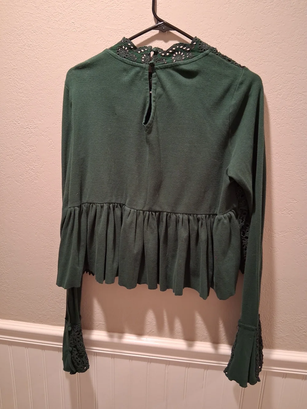 Free People Emerald Green Crochet Lace Long-Sleeve Blouse - Picture 3 of 4